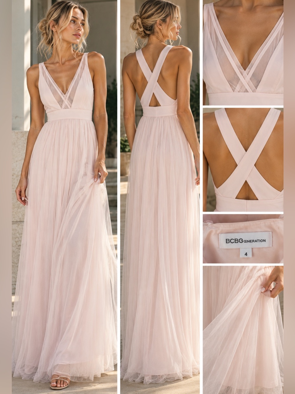 BCBGeneration Blush Pink V-Neck Crisscross-Back Tulle Maxi Dress